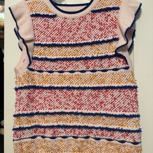 THML Cream Sweater Tank Top with Red and Mustard Stripes with. Lue Edging